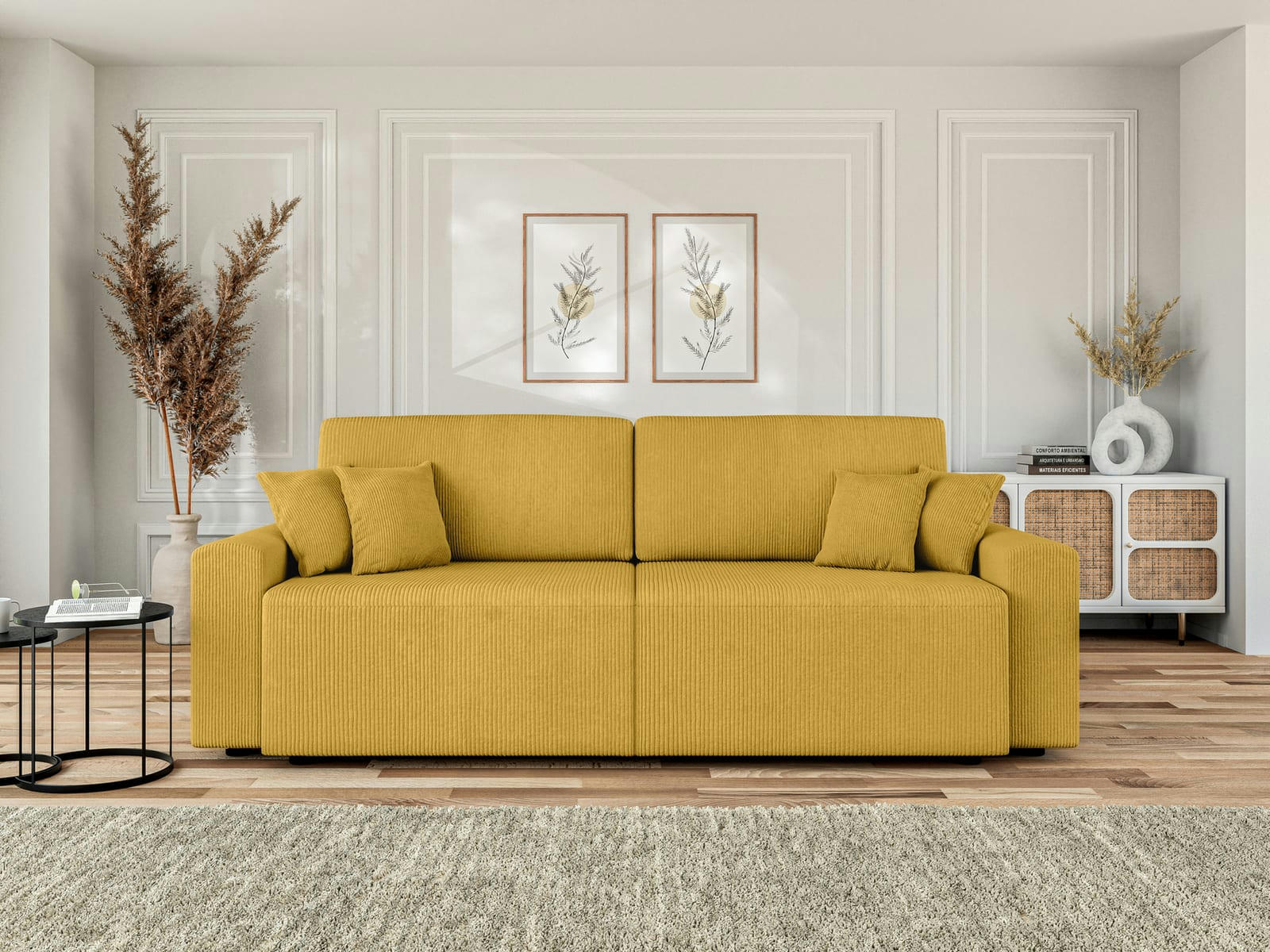 MILO - Canapé droit convertible en velours côtelé 3 places jaune