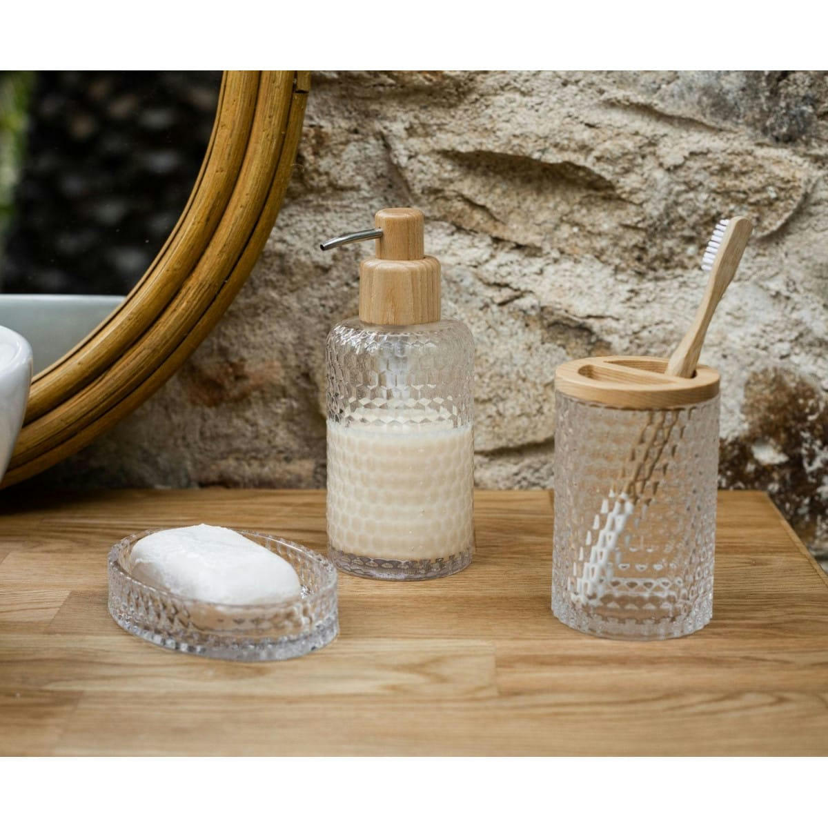 TAILLÉ - Distributeur de savon en verre taillé et bois