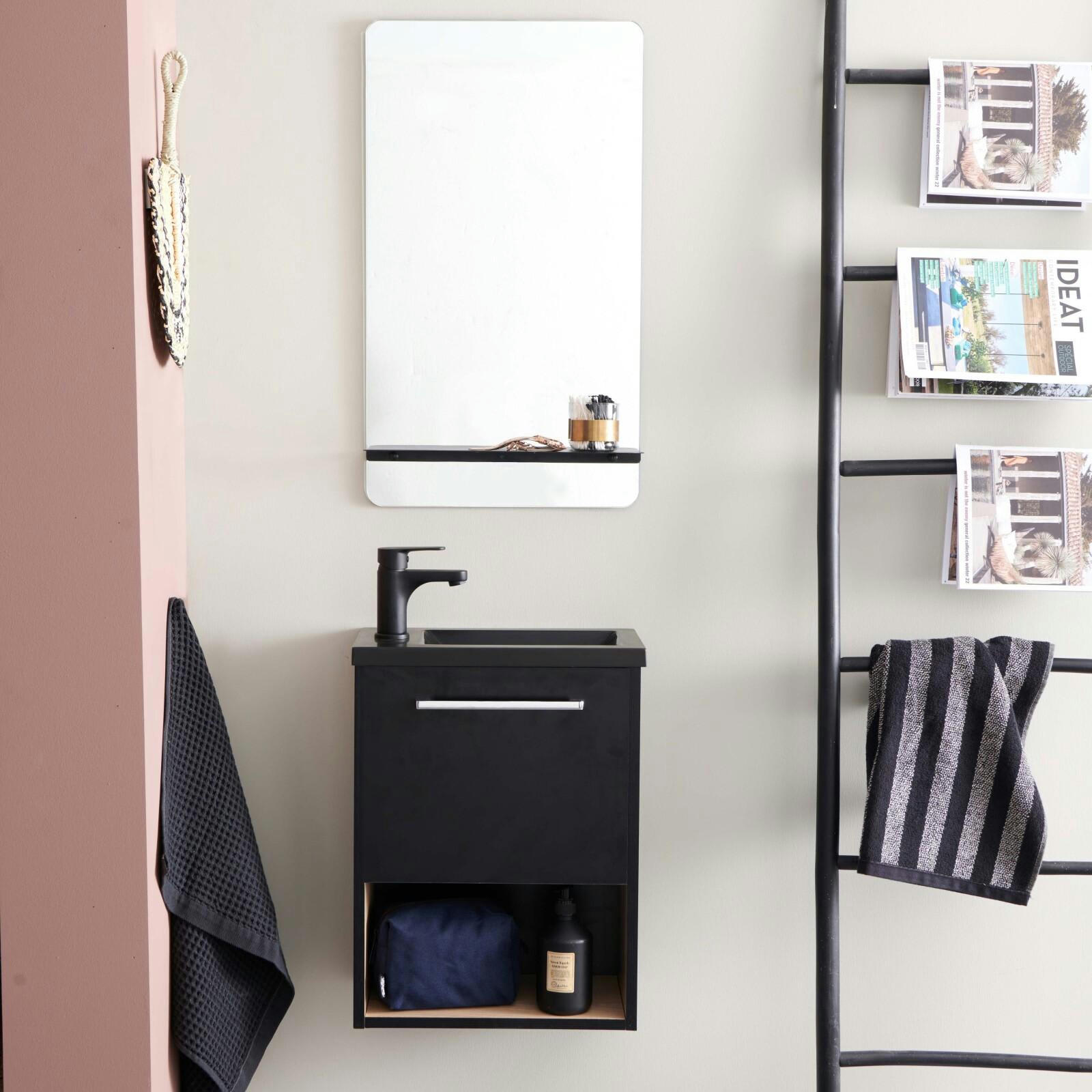 NIKA - Meuble lave-mains  Noir intérieur décor chêne + robinet noir + miroir