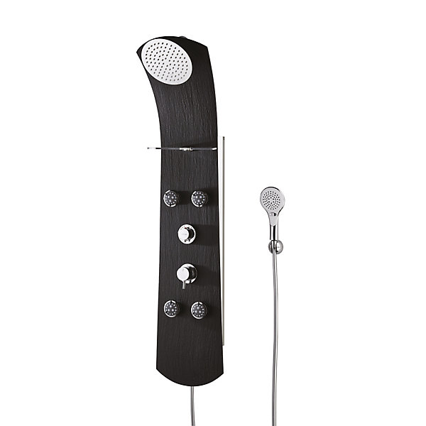Colonne de douche thermostatique hydromassante 4 buses avec tablette, pomme de tête, douchette 3 jets et flexible, noir mat, Valentin Nautilus