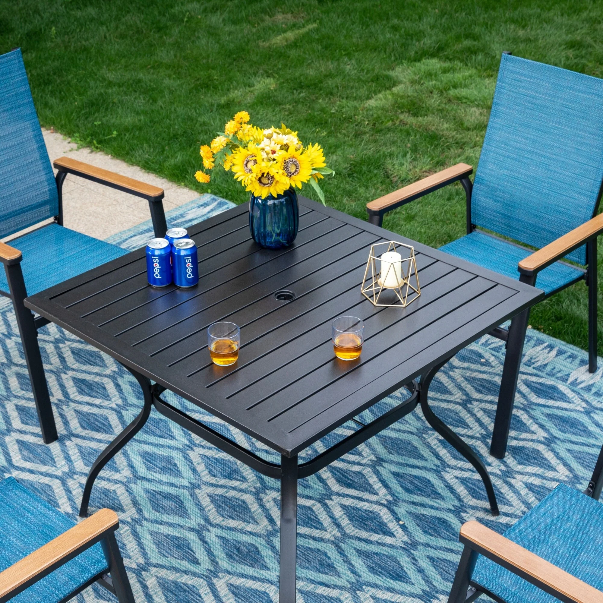 MAISON ARTS 5 Pieces Patio Dining Set, 4 x Aluminium Stackable Dining Chairs and 1 x Metal Table - Black