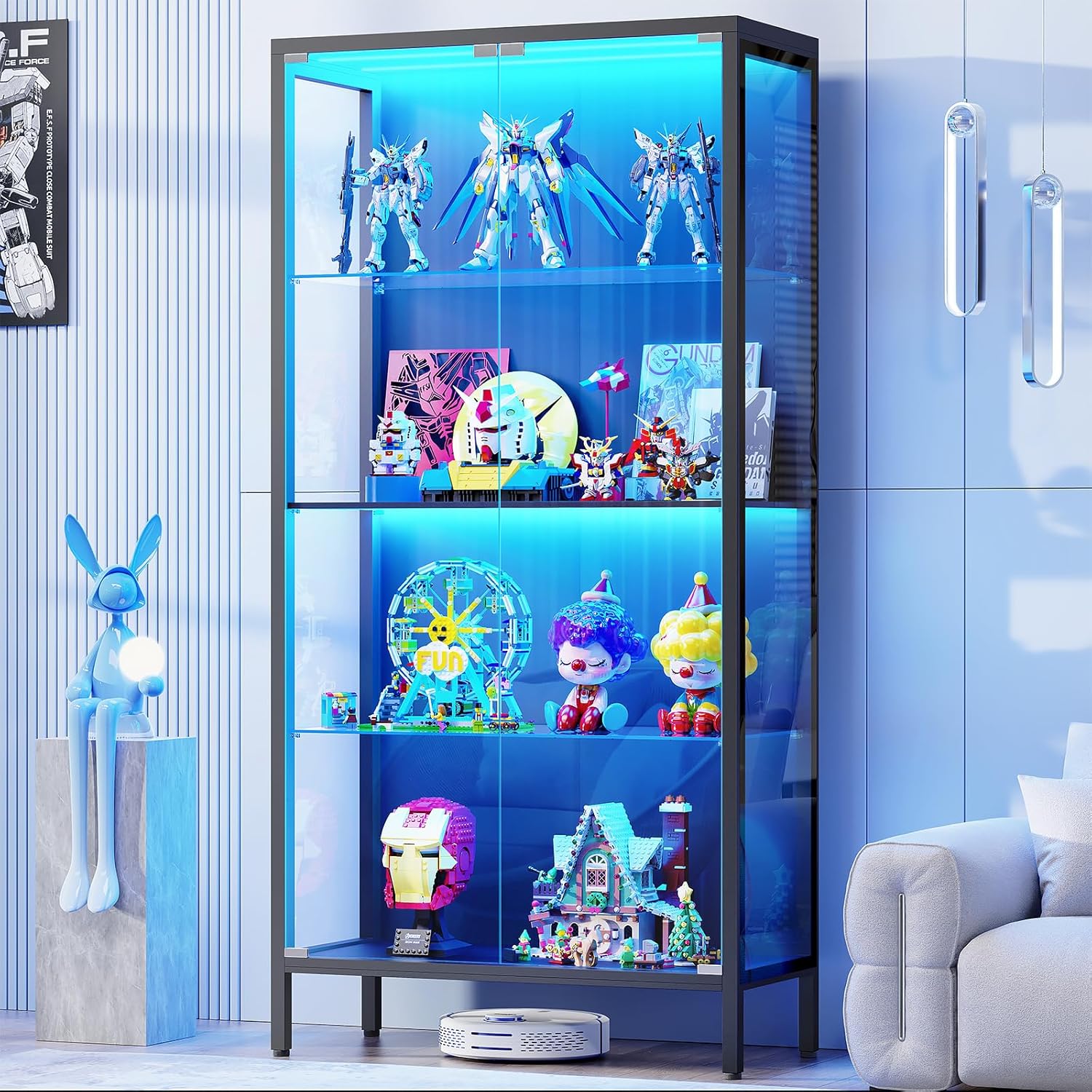 Display Cabinet with Glass Doors, 4-Tier Curio Cabinet with 3 Color Lights, Metal Glass Display Case with Motion Sensor, Storage Cabinets with Adjustable Glass Shelves, Bookcase, Black
