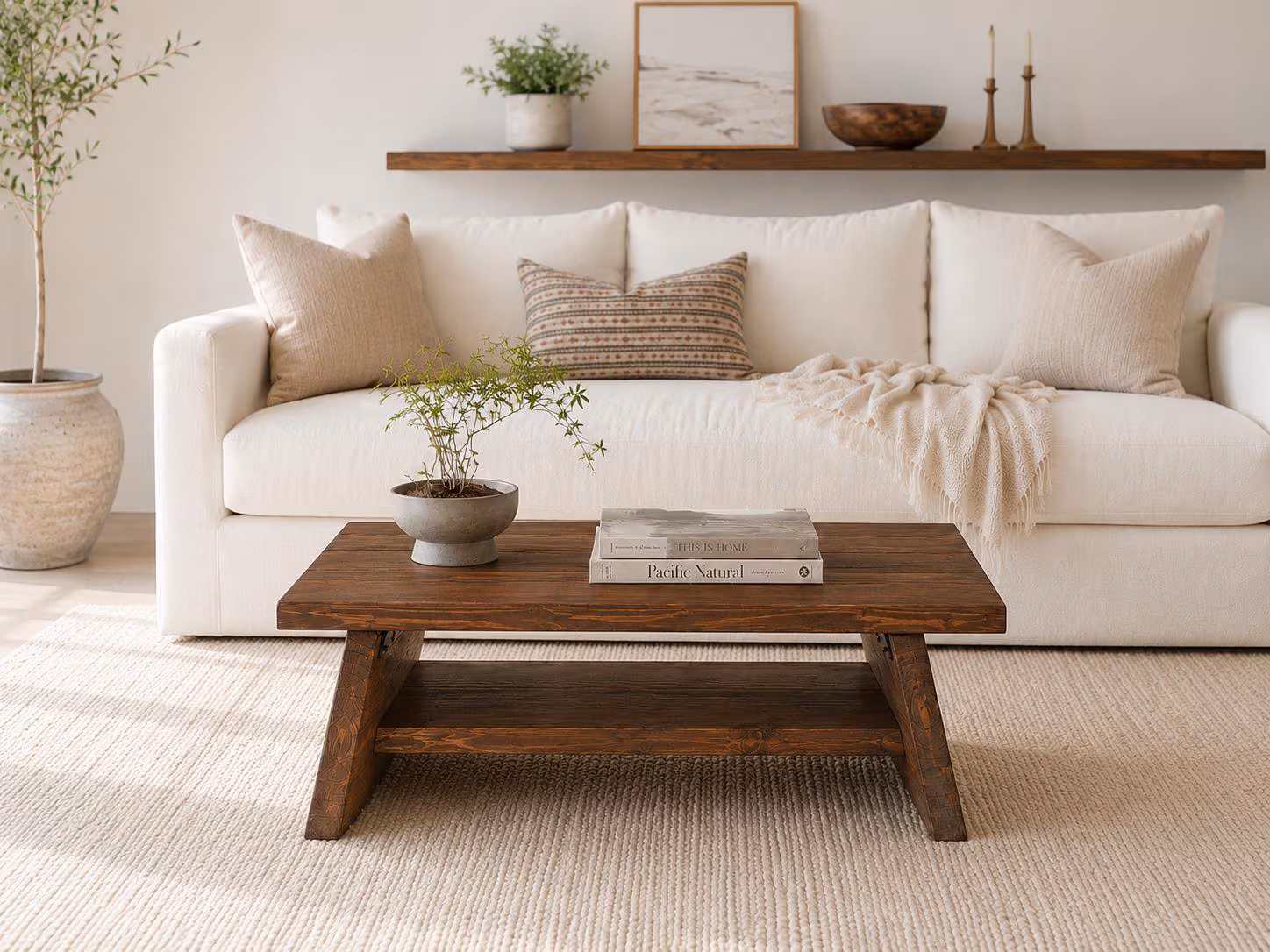 Solid Wood Coffee Table With Shelf, Wooden Coffee Table, Handmade Living Room Table, Modern Minimalist Furniture
