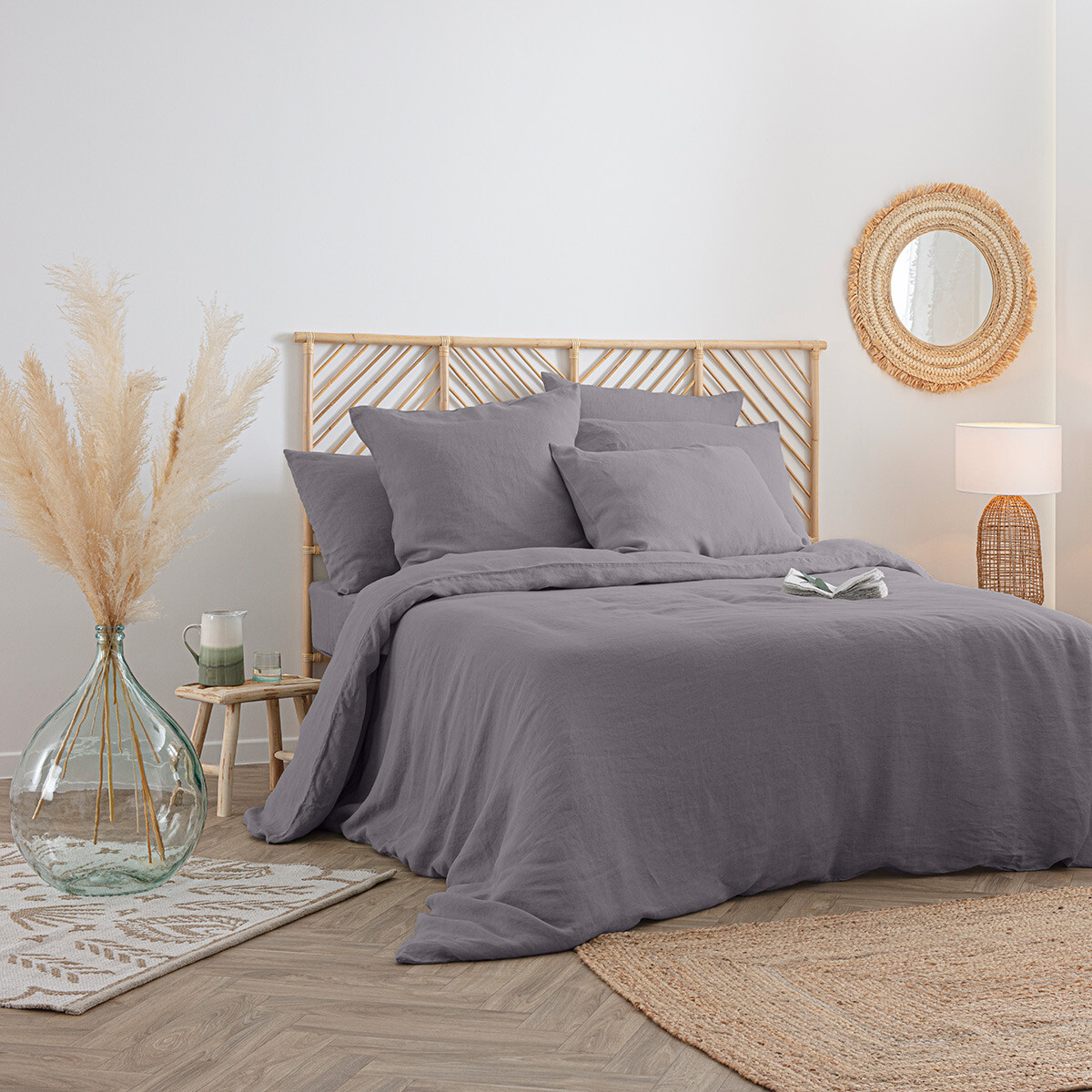 Fitted sheet "Linah", washed linen Slate grey, 140x190 cm