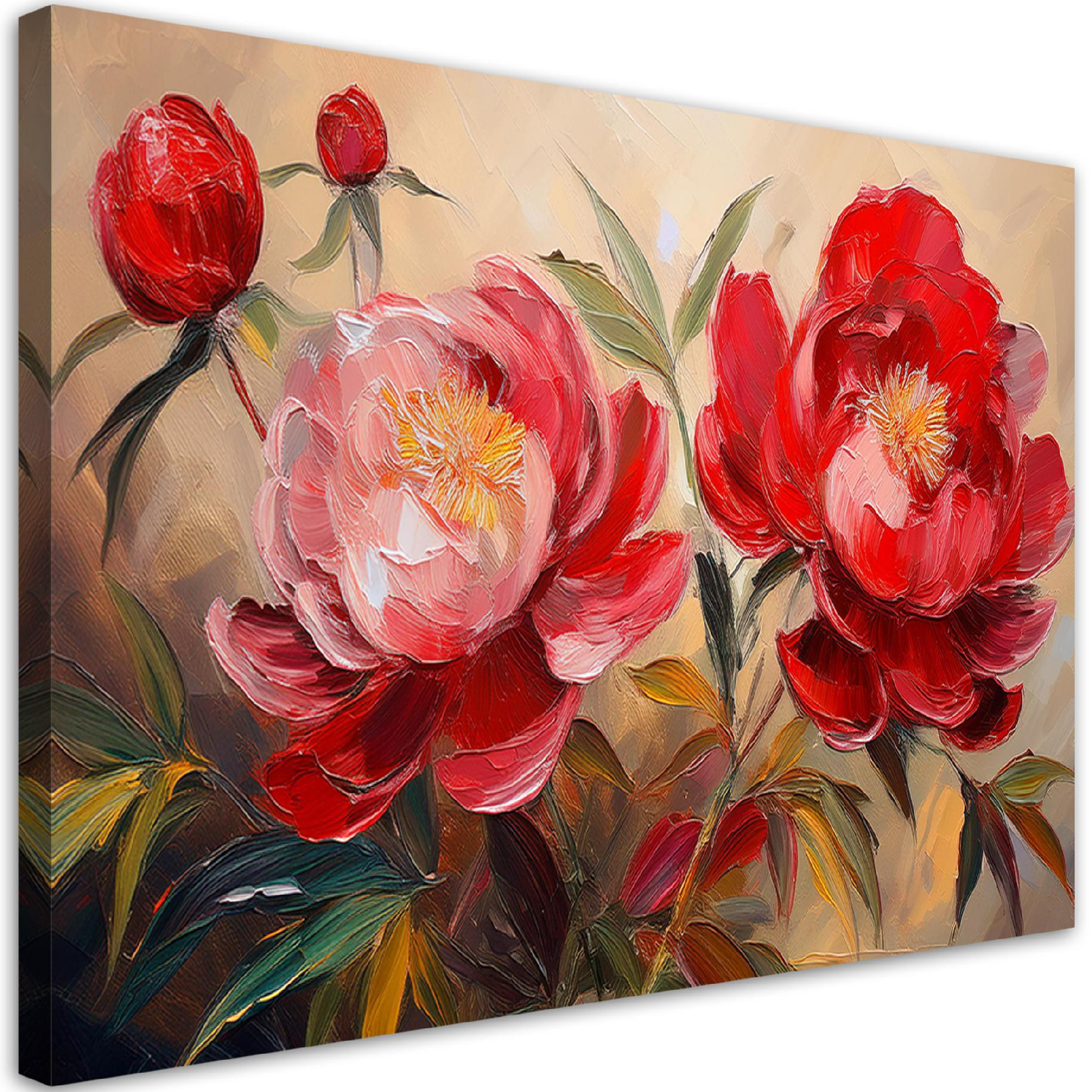 Feeby Obraz na płótnie, Czerwone Piwonie Kwiaty Rośliny Malowane 60x40