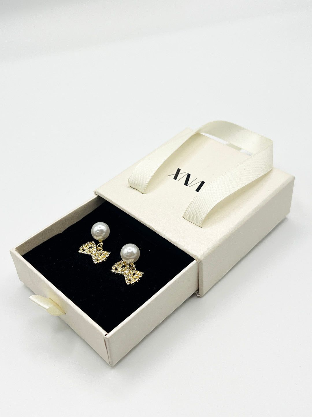 SVNX Diamante Bow Pearl Drop Earrings - Gift Boxed