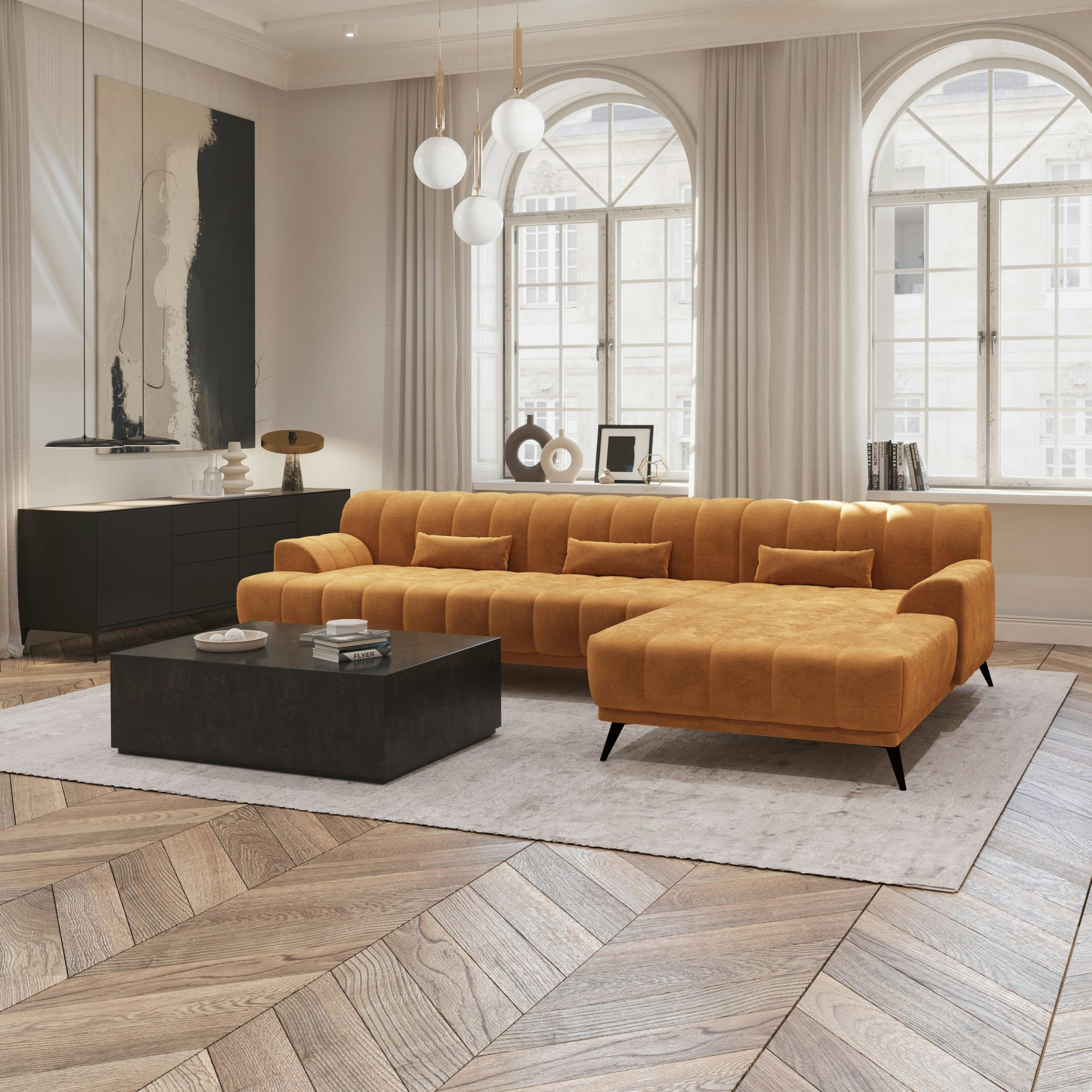 NOAH - Canapé d'angle droit  tissu velours moutarde