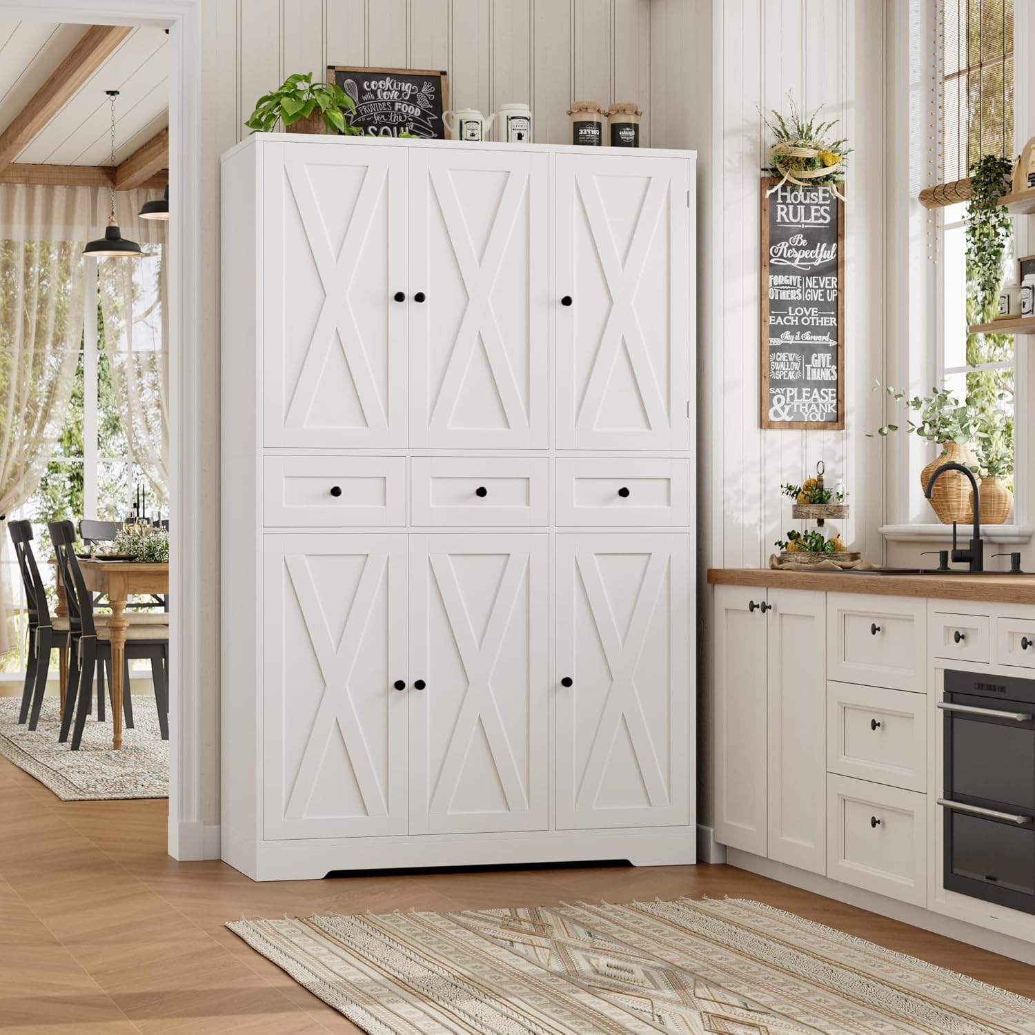 HOSTACK Modern Farmhouse Kitchen Pantry Storage Cabinet, 67 H Kitchen Pantry Cabinet with Barn Doors and Shelves, Freestanding Food Storage Cabinets with Drawers for Dining Room, Living Room, White