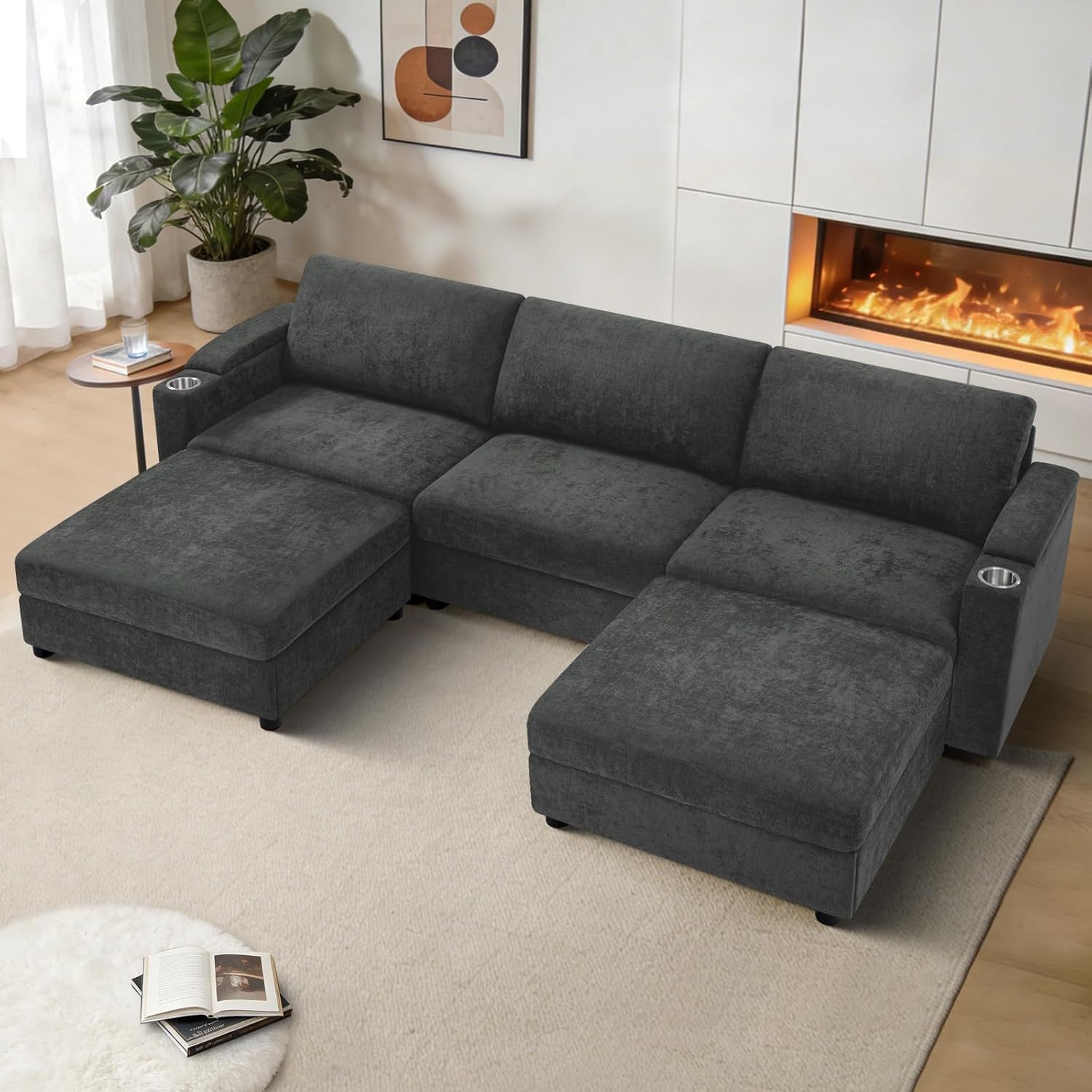 108'' Chenille Sectional Couch with Storage Armrests,U Shaped Upholstered Sofa with 2 Movable Ottomans, 5-Seat Modular Couch with Cup Holders for Living Room, Grey