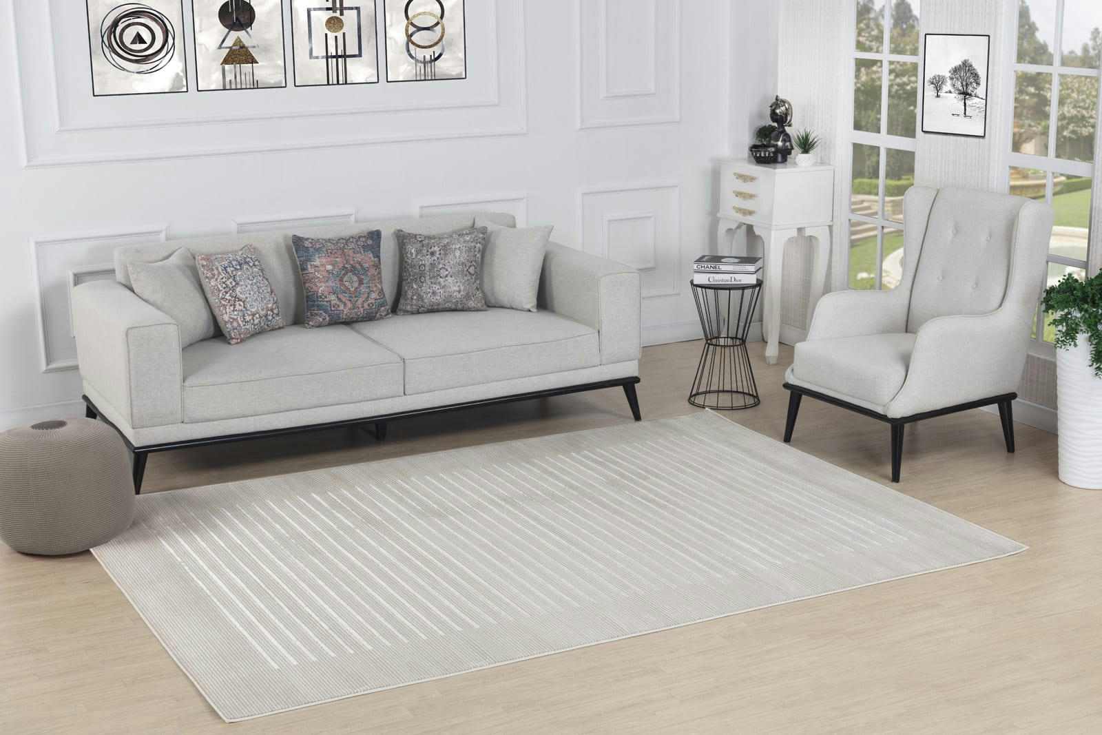 KAYSA - Tapis Scandinave Rayé Beige/Blanc 120x170