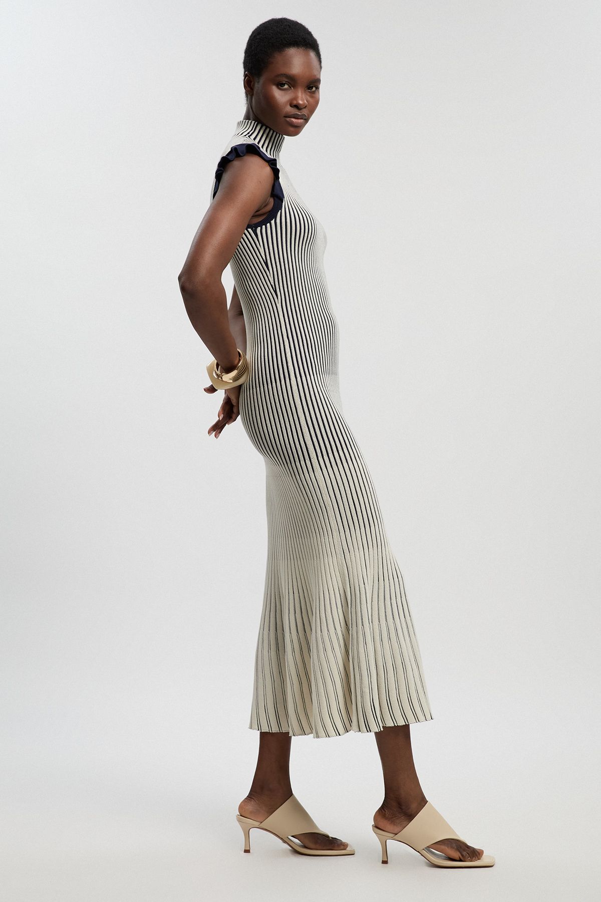 KarenMillen Pointelle Frill Sleeve Knit Midi Dress