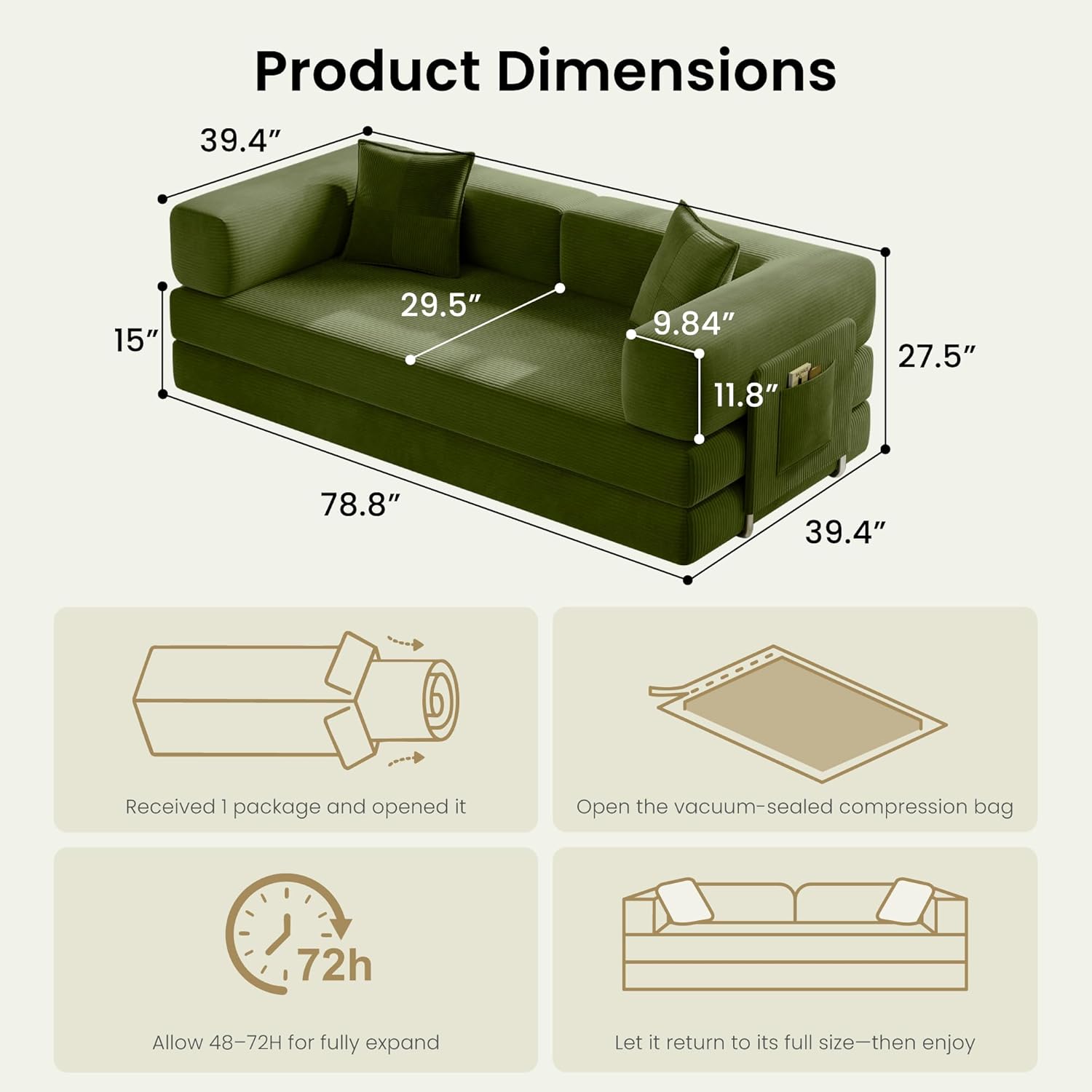 78.8 Convertible Sofa Bed,Corduroy Futon Couch with Storage Pocket,Folding Pull Out Futon Sofa,No Assembly Boneless Couch for Living Room,Green