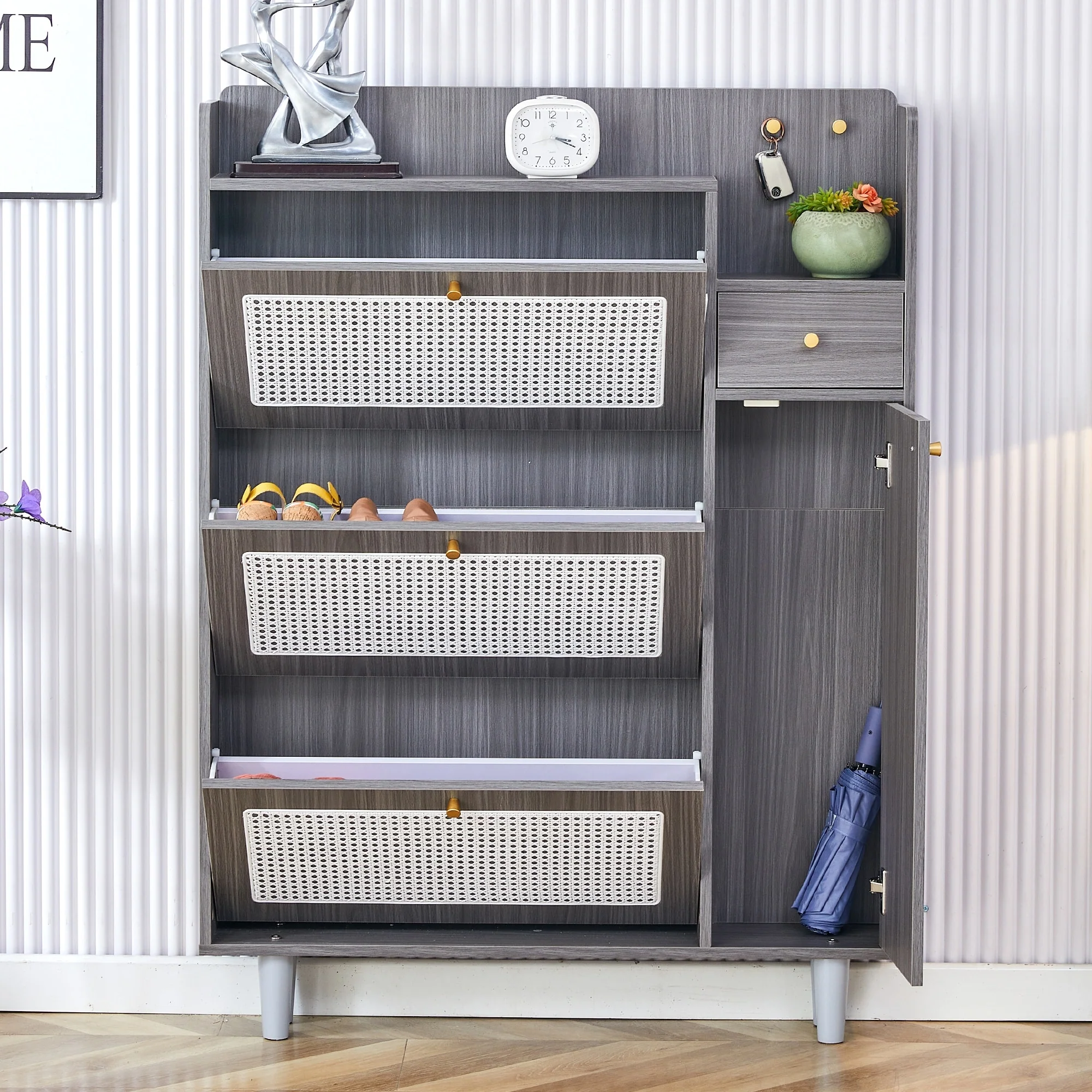 Organizer Shoe Cabinet Storage with Rattan Doors & Adjustable Shelves, Modern Hidden Shoe Rack with 3 Flip Drawers