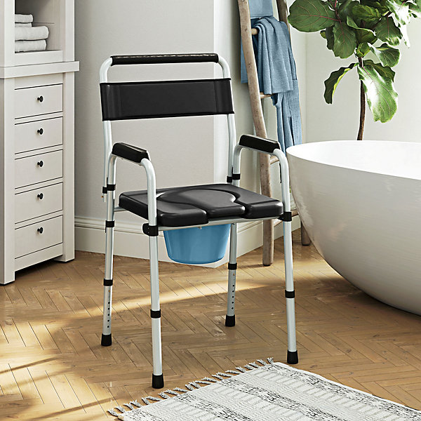 Chaise percée toilette pliable hauteur réglable - seau amovible - siège, accoudoirs rembourrés - max. 150 Kg - acier gris noir