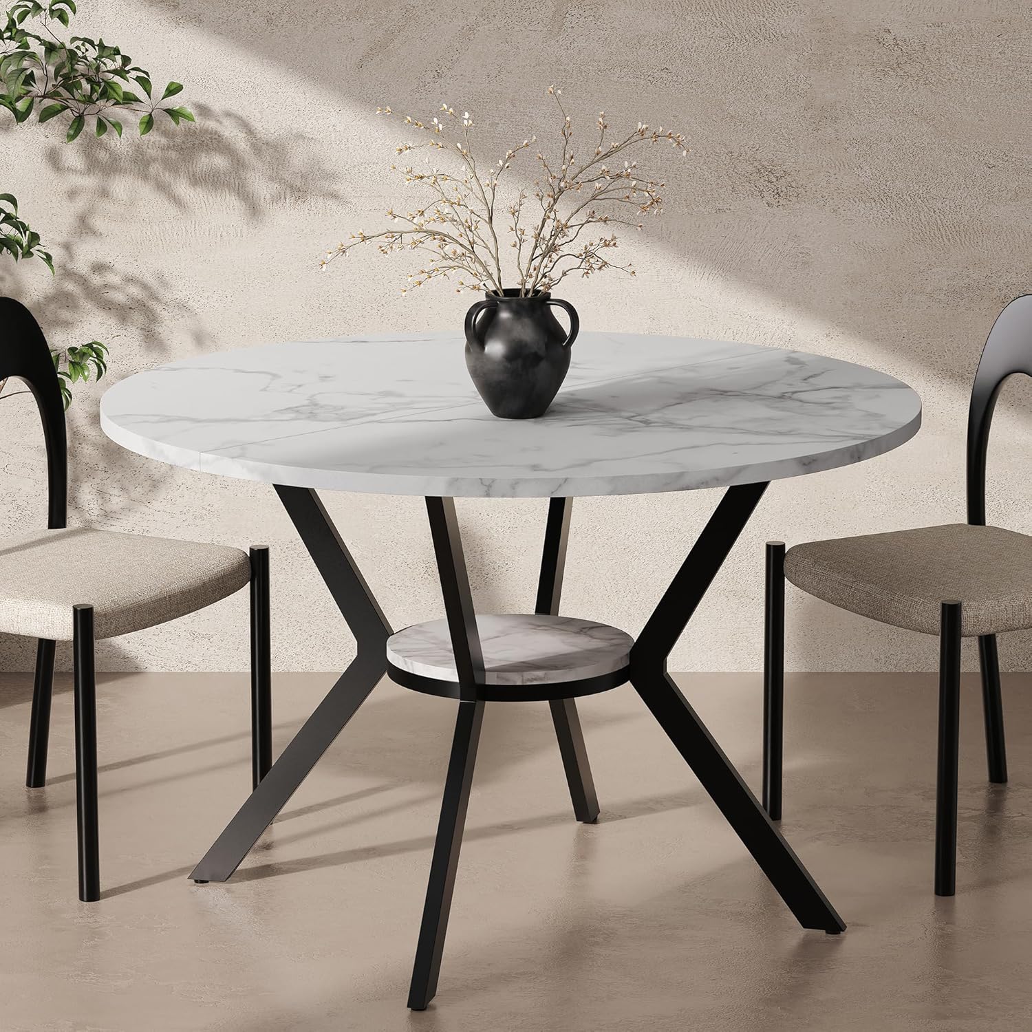 42 Round Dining Table for 2-4, Modern Kitchen Table with Faux Marble Tabletop & Metal Legs, Space Saving Circle Table with Storage, Wood Kitchen & Dining Room Tables for Kitchen Dining Room