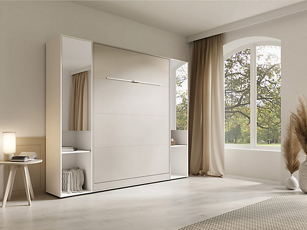 Lit escamotable vertical 160 x 200 cm - 2 colonnes de rangement - Avec miroirs et LEDs - Beige   Matelas - RAPILI