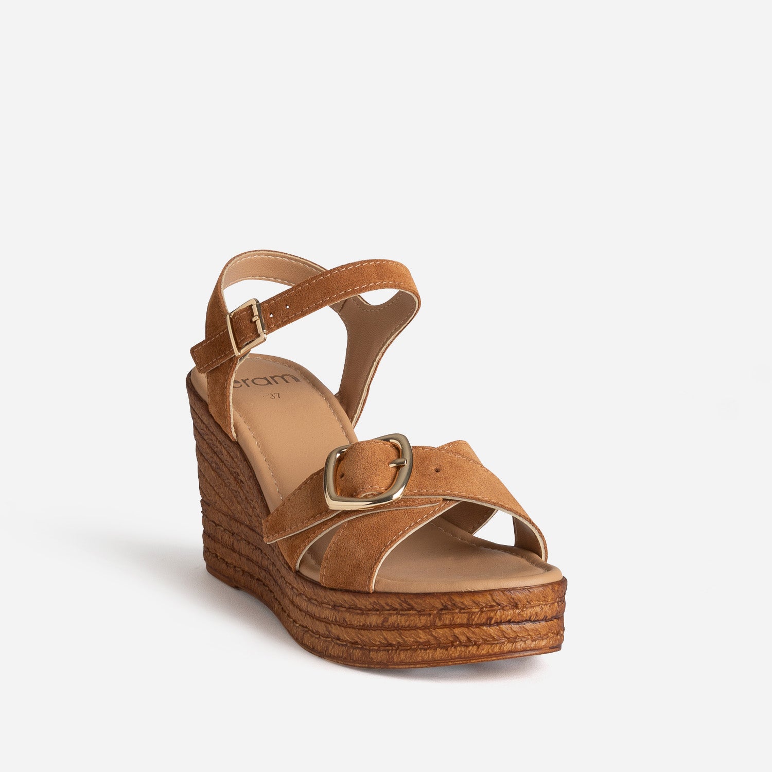 Sandale compensée camel cuir velours