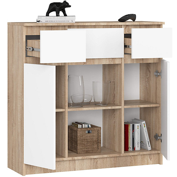 Commode AKORD K100 Chêne Sonoma 101 cm 2 portes 3 tiroirs façade Blanche 6 étagères 101x35x98 cm
