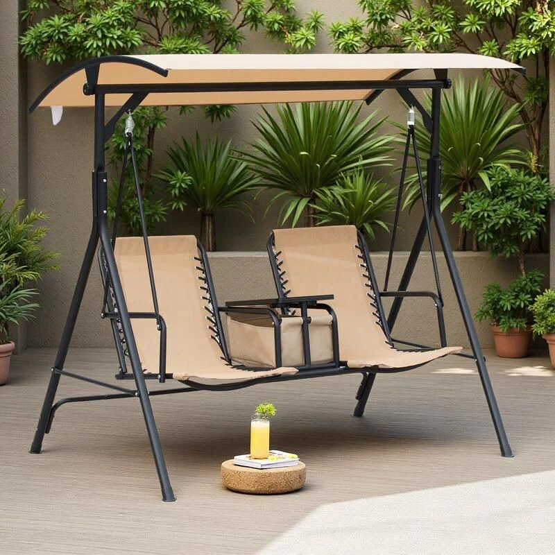 Steel 2-Seat Patio Swing with Canopy, Cup Holders and Storage Table (528lb Capacity)