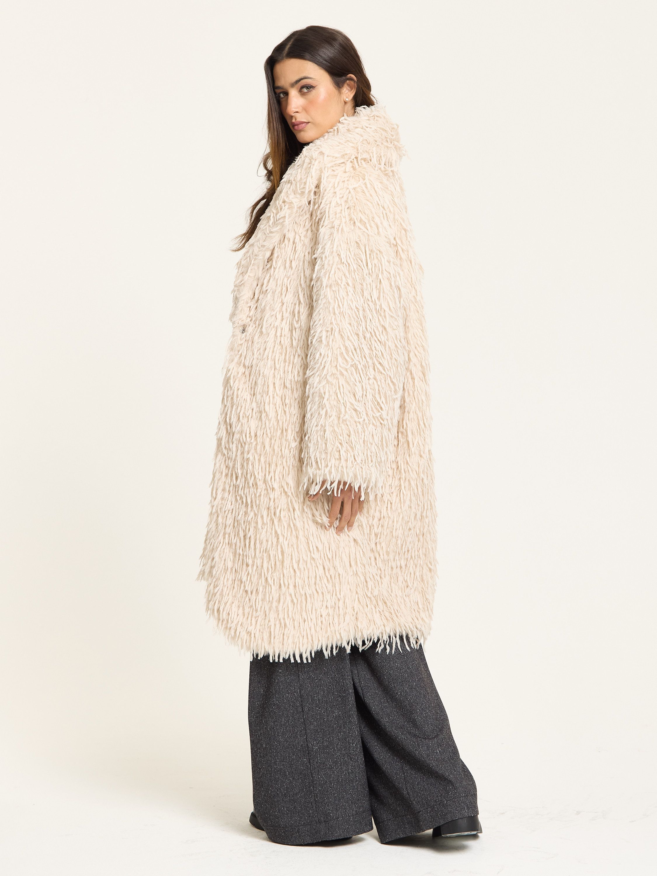 House of Holland Cream Shaggy Faux Fur Coat