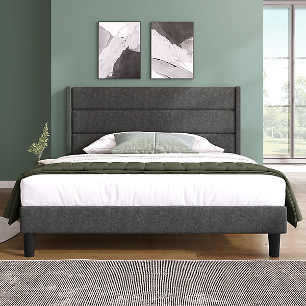 Lit 140x200 cm avec tête de lit rembourrée, sommier à lattes intégré et revêtement lin gris foncé