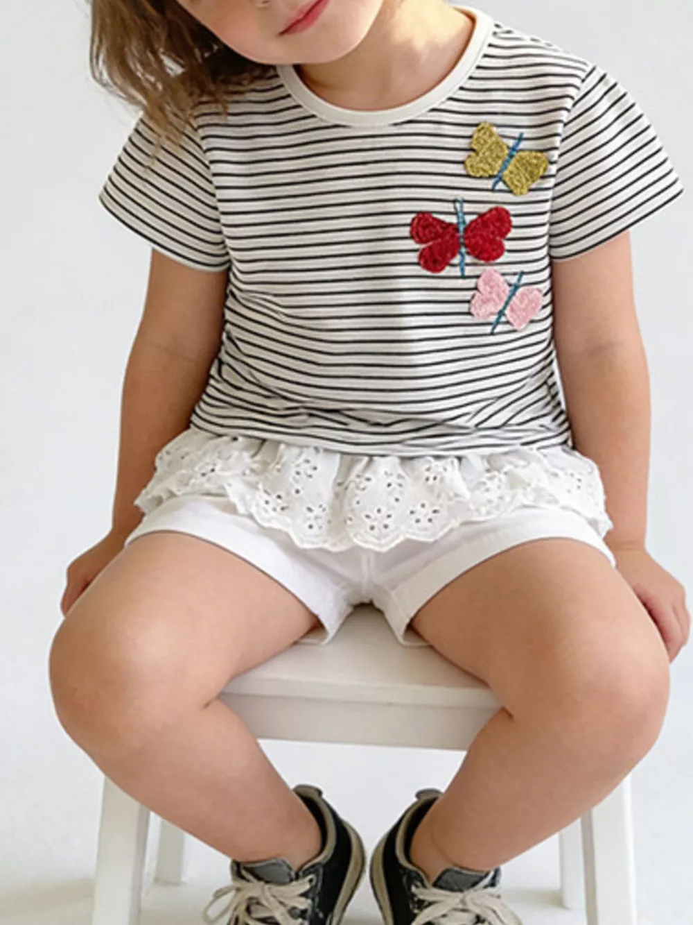 Children's Striped Butterfly Embroidered Ruffle Hem T-Shirt