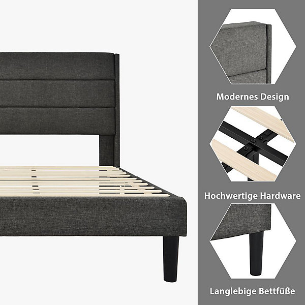 Lit Adulte 90x200cm Rembourré Sommier Lattes Gris Foncé Blackcolors