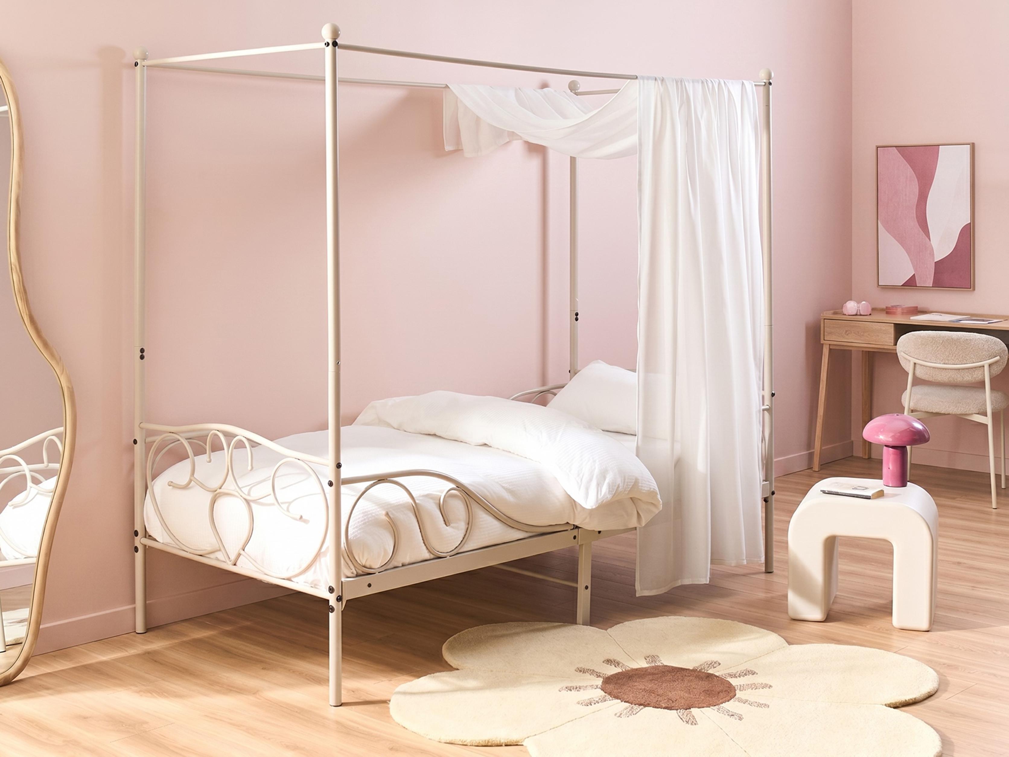 Four Poster Bed Metal SORMERY 90 x 200 cm (EU Single) Light Beige