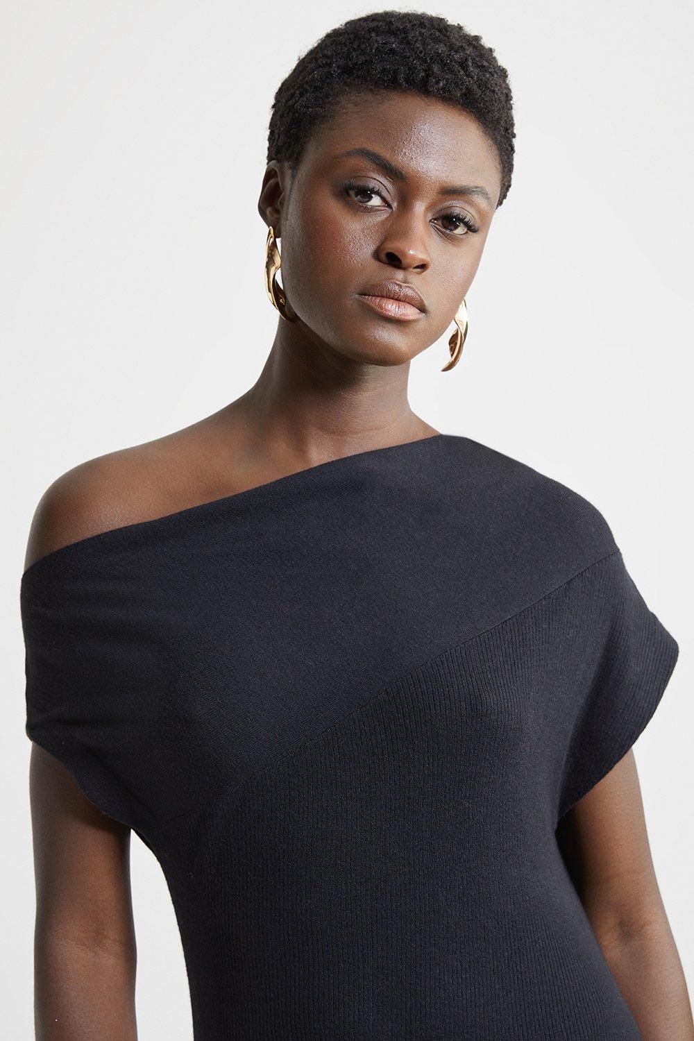 KarenMillen Cashmere Blend One Off The Shoulder Maxi Dress