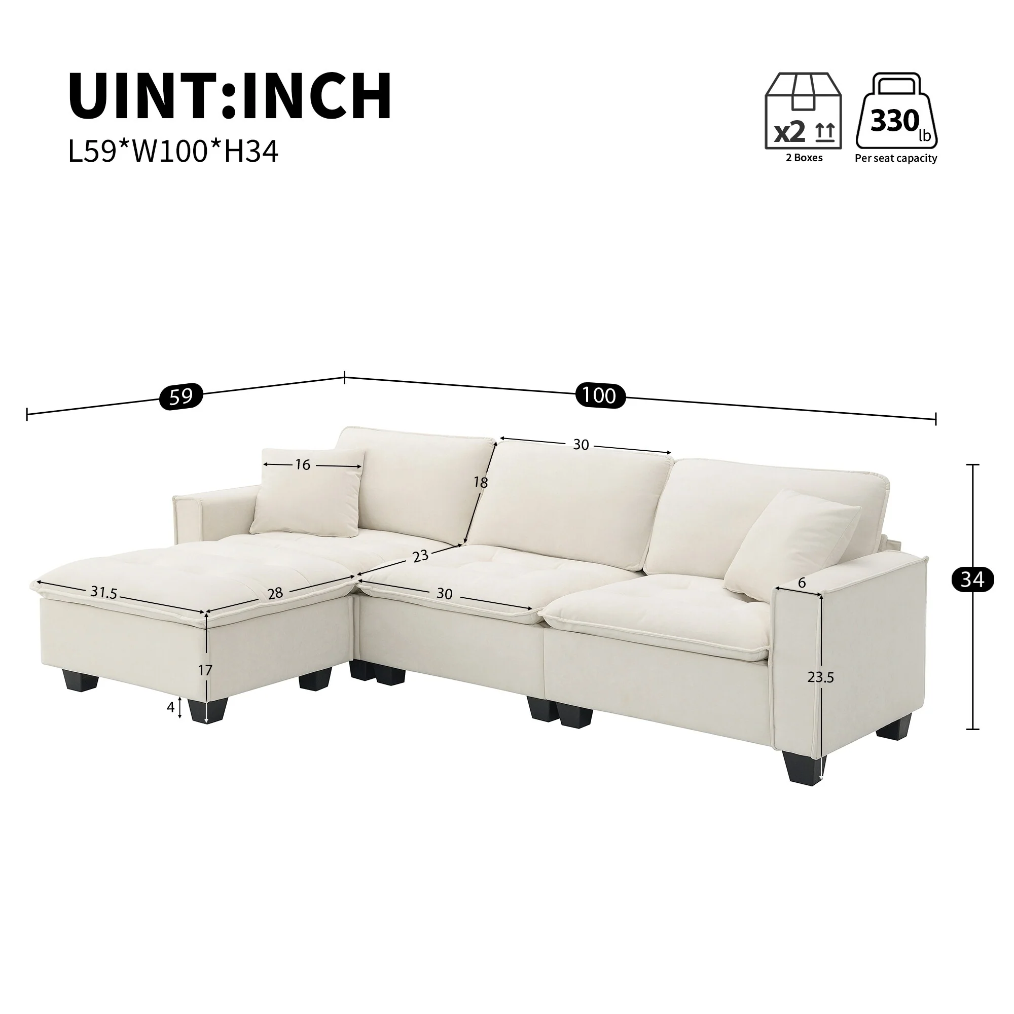 100 L-Shaped Convertible 4-Seat Sectional Sofa with Removable Ottoman and Matching Pillows, Ideal for Living Room Use