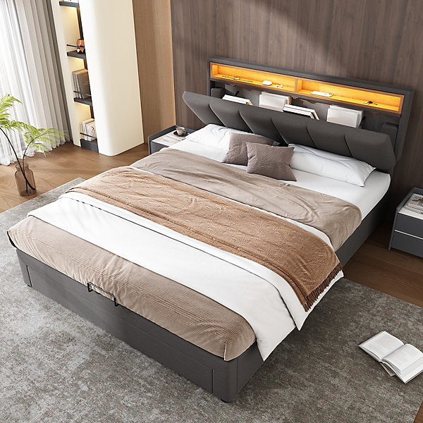 Lit 140x190 cm tapissé effet lin avec tête de lit à éclairage LED, rangement sous le lit et structure acier