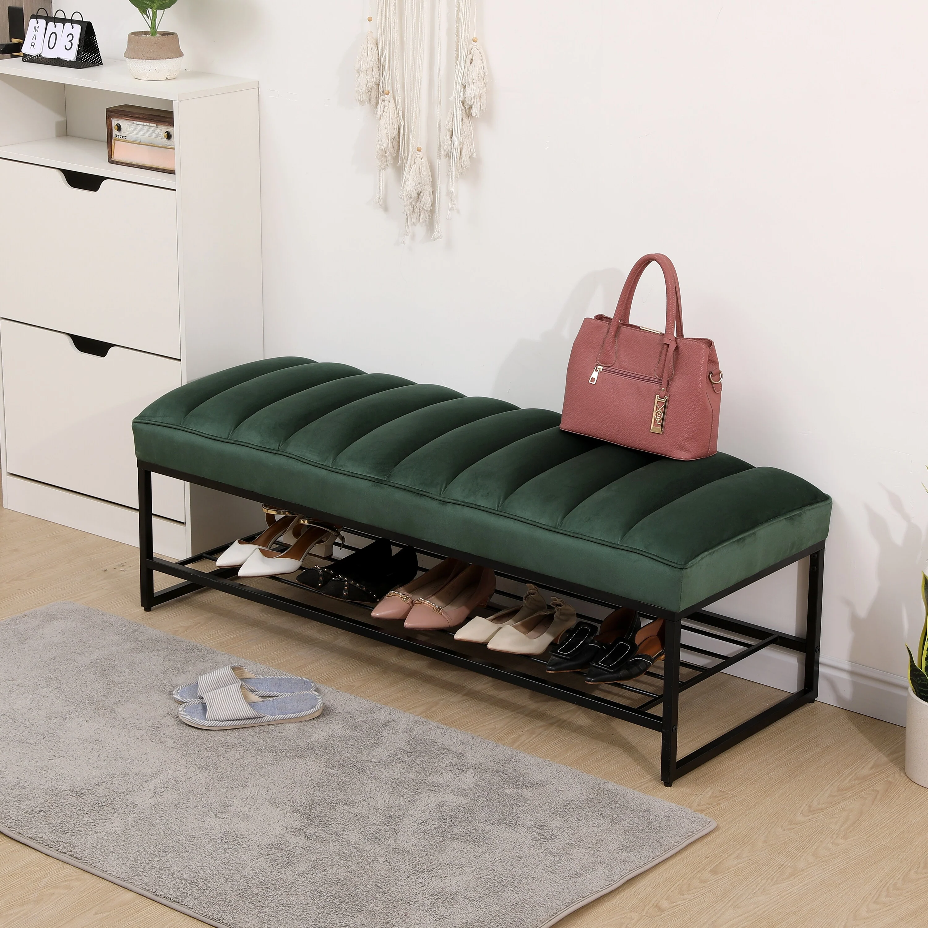 Upholstered Channel Tufted Bench with Metal Shelf for Bedroom,Entryway