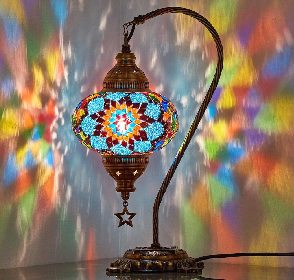 Turkish Moroccan Mosaic Table Lamp With US Plug & Socket, Swan Neck Handmade Desk Bedside Table Night Lamp, Decorative Tiffany Lamp Light, Blue