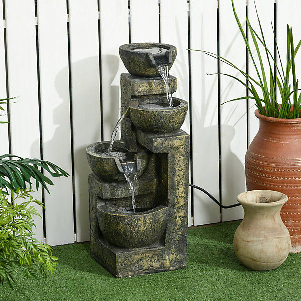 Fontaine de jardin cascade 4 pots débit réglable pompe à eau submersible incluse résine noir bronze vieilli