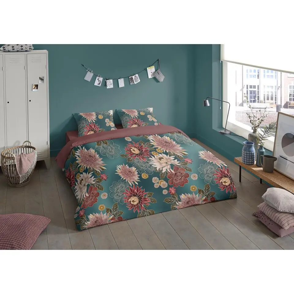 Pure dekbedovertrek bloemen - 1 persoons 140x200/220 cm - Petrol - Microvezel