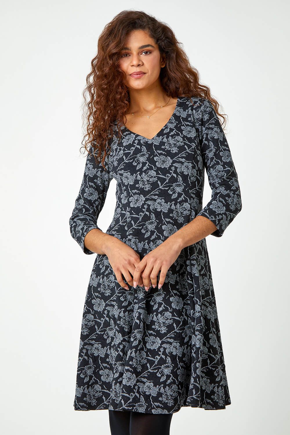 Roman Rose Print Cotton Blend Stretch Dress