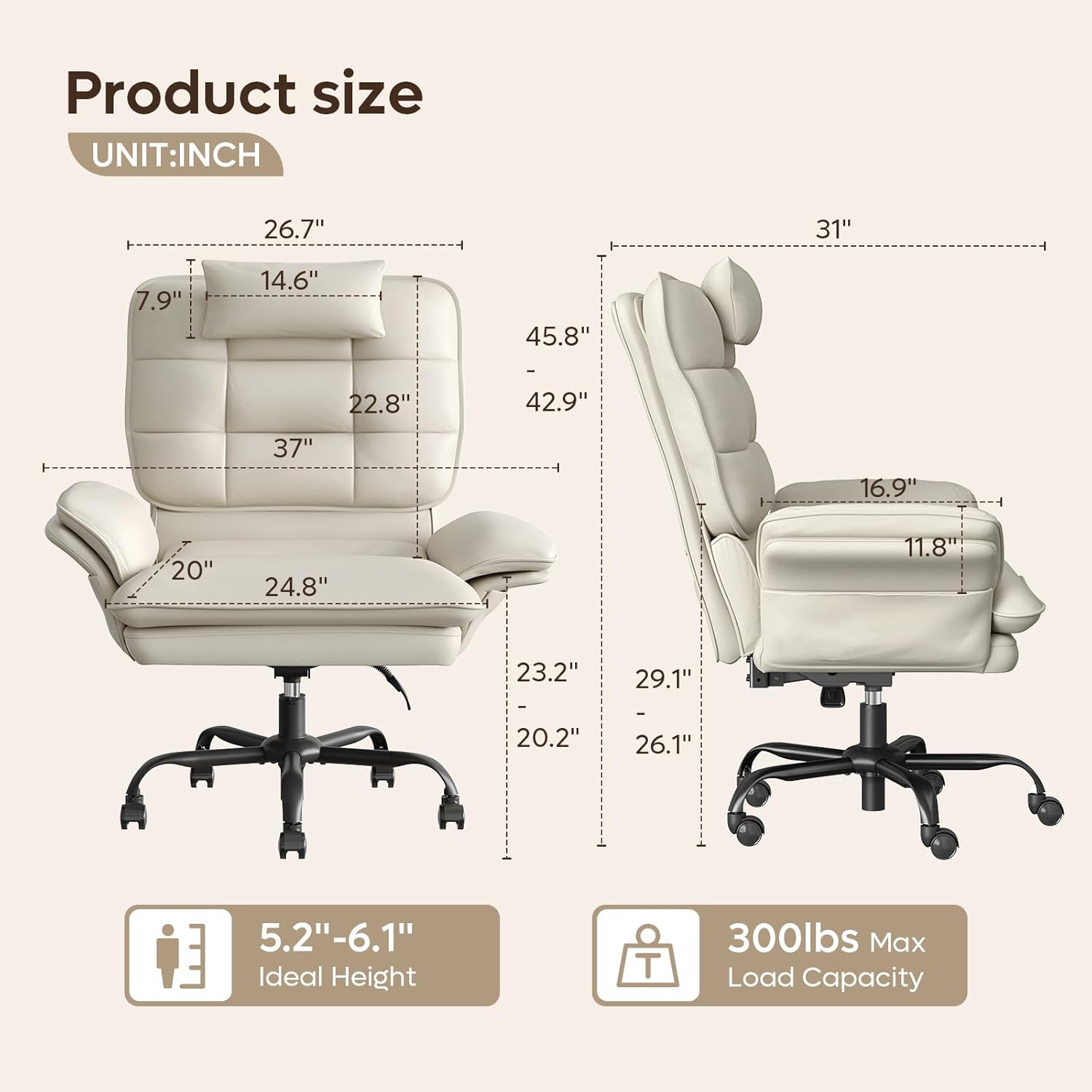 Bestier Cross Legged Office Chair Criss Cross Chair with Adjustable Arms 135° Reclining PU Leather Executive Chair with Wheels Big and Tall Computer Desk Chair for Home Office Beige