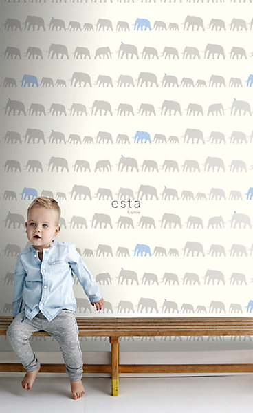 ESTAhome papier peint éléphants argent et bleu clair 53 cm x 10.05 m