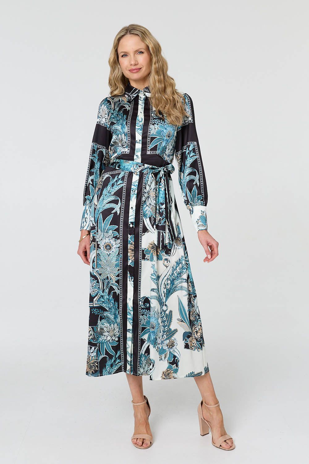 Izabel London Printed Long Sleeve Tie Shirt Maxi Dress
