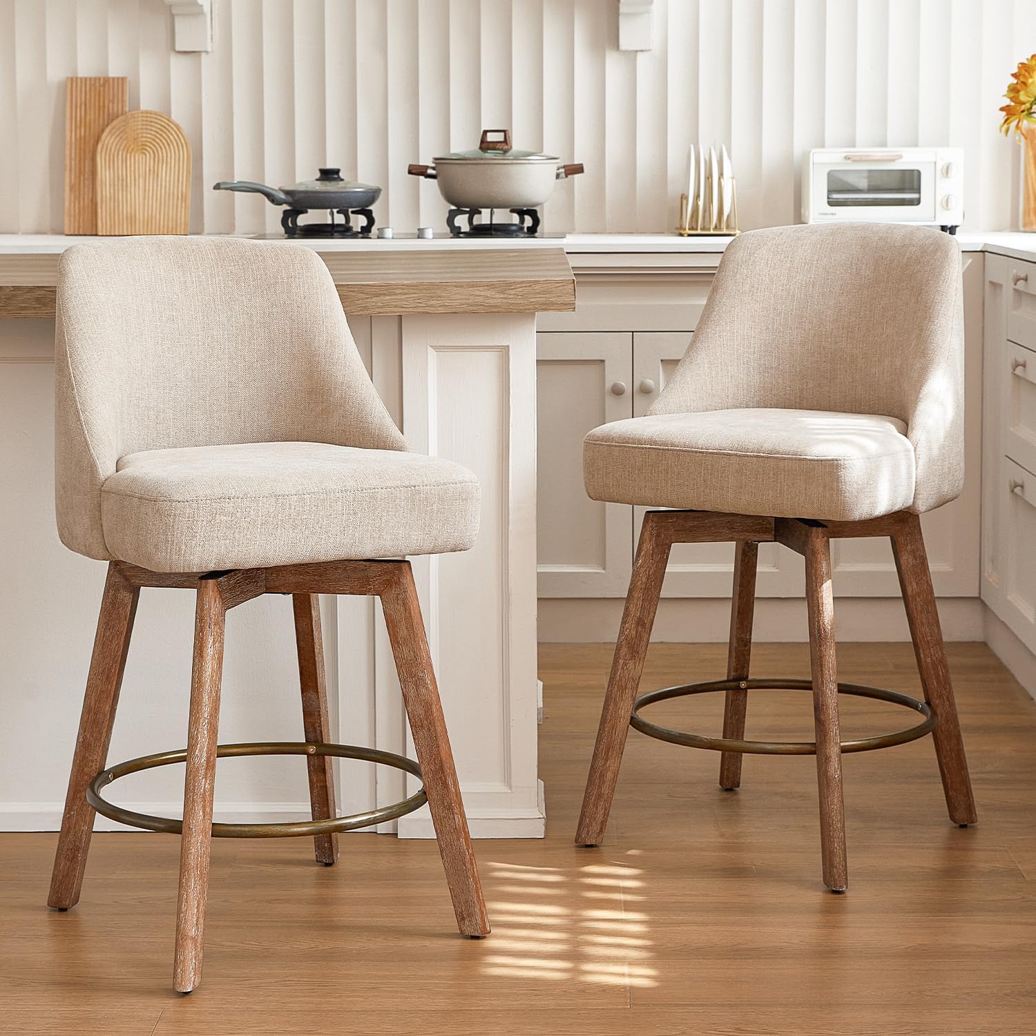 Counter Height Bar Stools,Sand-Colored Linen Comfort Fabric Bar Stool Set of 2,360° Swivel Counter Height Stools Solid Wood Legs,27'' Barstools with Contoured Backrest