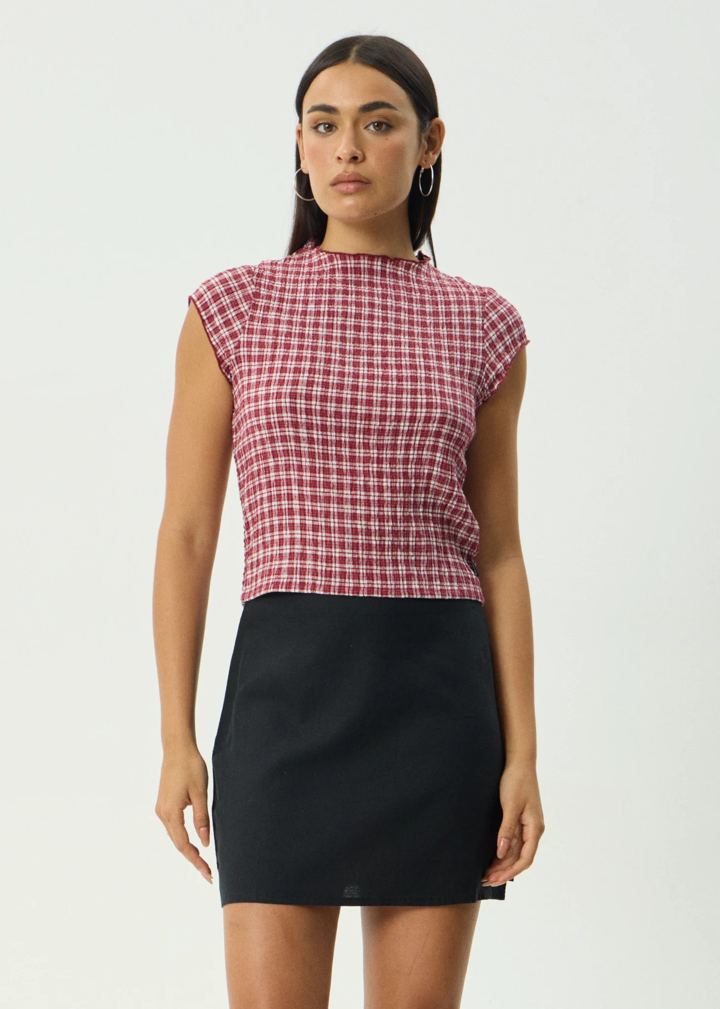 AFENDS Womens Wren - Seersucker Top - Burgundy Check