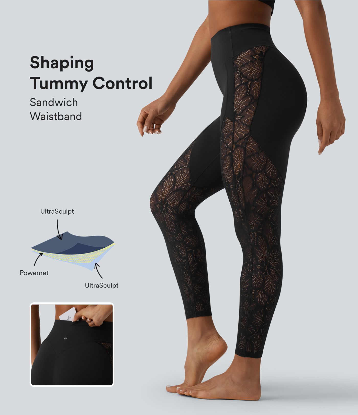 Legging yoga 7/8 Halara UltraSculpt™ gainant taille haute avec dentelle contrastante et poche
