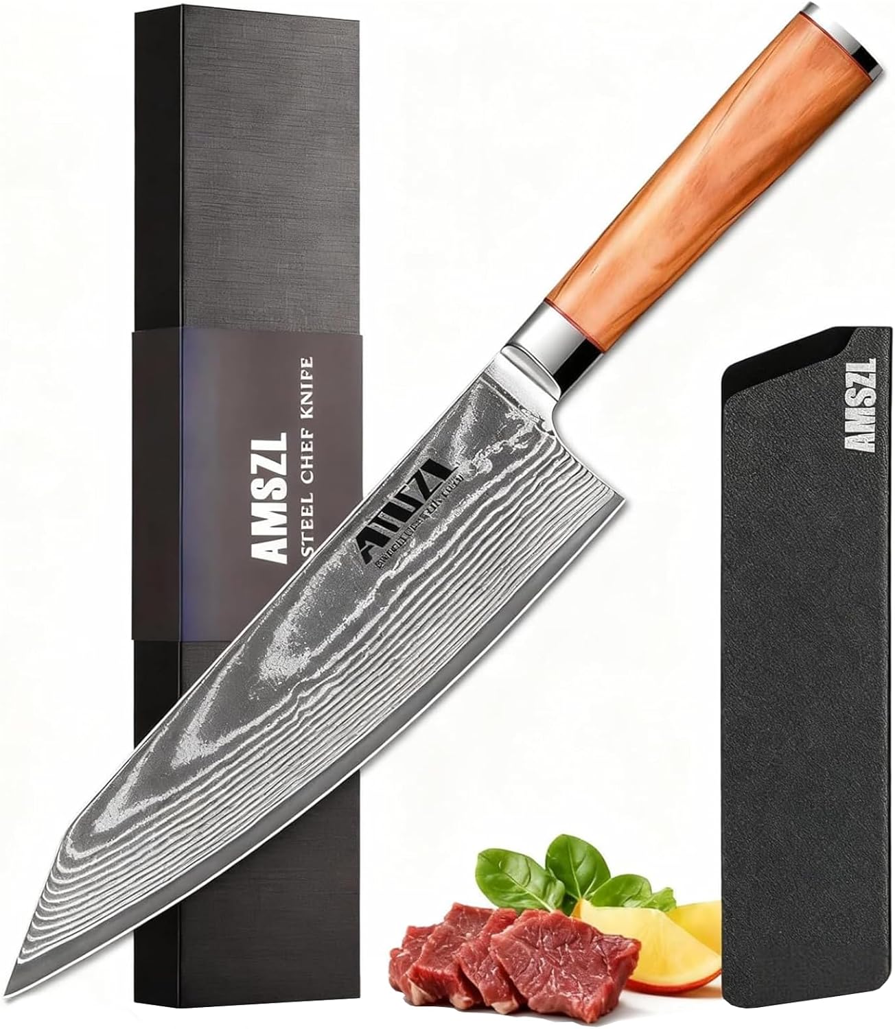 8.5 Japanese Chef Knife - VG10 Damascus 67-Layer Professional Kitchen Knife, Hybrid Santoku Chef Knife with Olive Wood G10 Handle, Ultra Sharp High Carbon Steel Blade for Vegetables & Meat