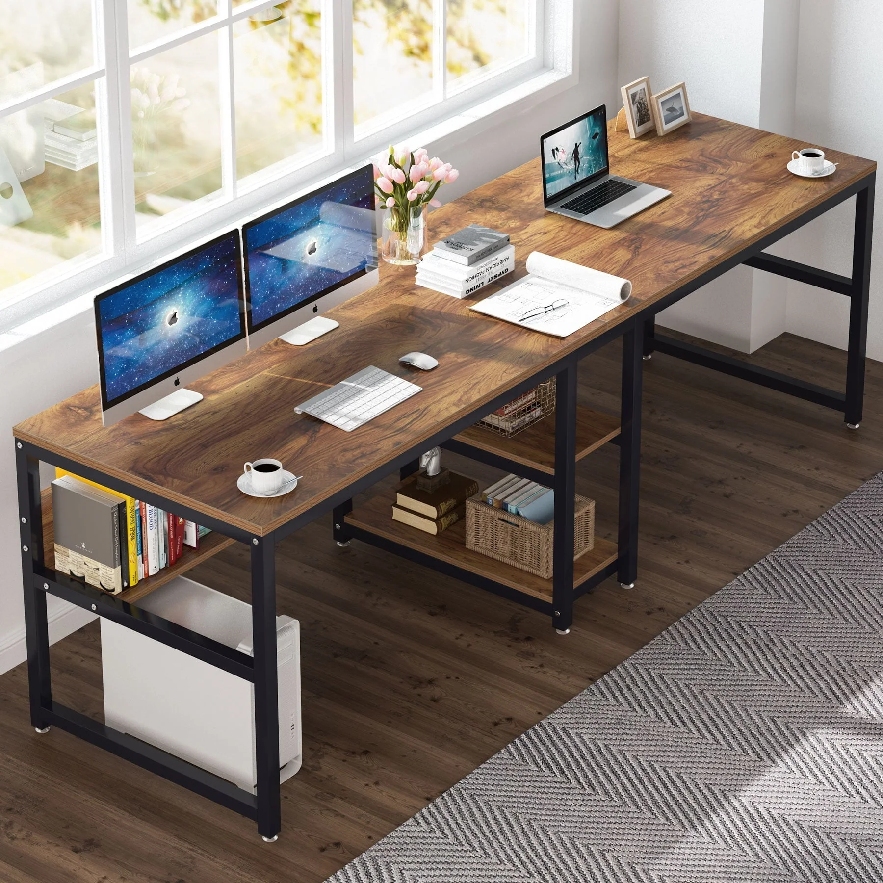 78.7 Two Person Desk with Bookshelf, Office Double Desk for Two Person
