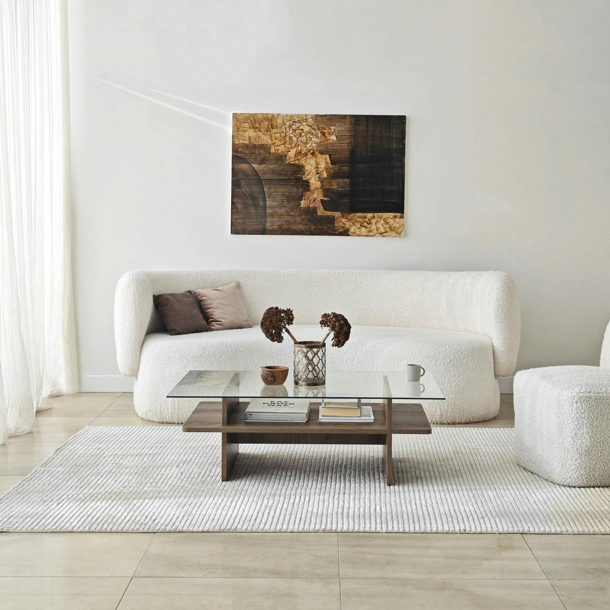 Table basse design 2 plateaux, verre et effet noyer SALTA