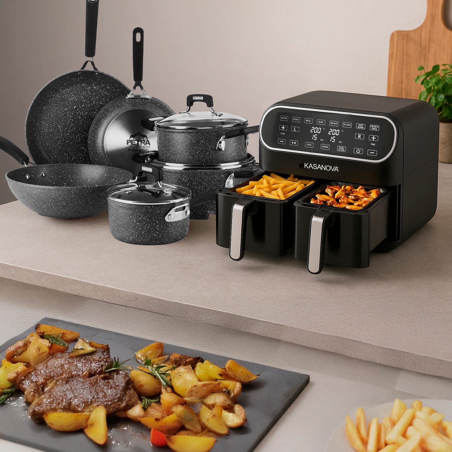 Set batteria induzione 9 pezzi New Petra Dark e friggitrice ad aria 2 cestelli