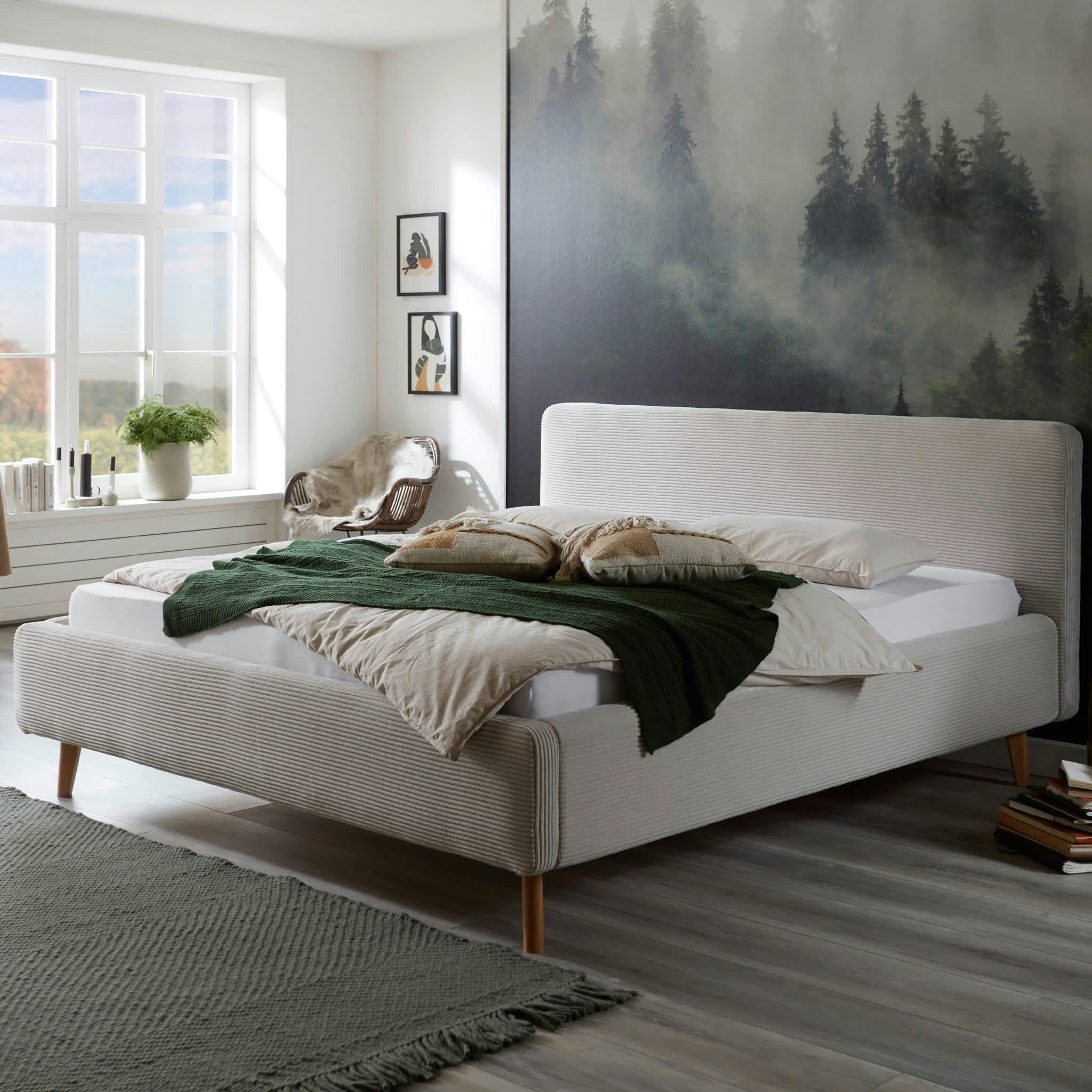 - Lit rembourré en velours avec tête de lit lisse beige 160x200