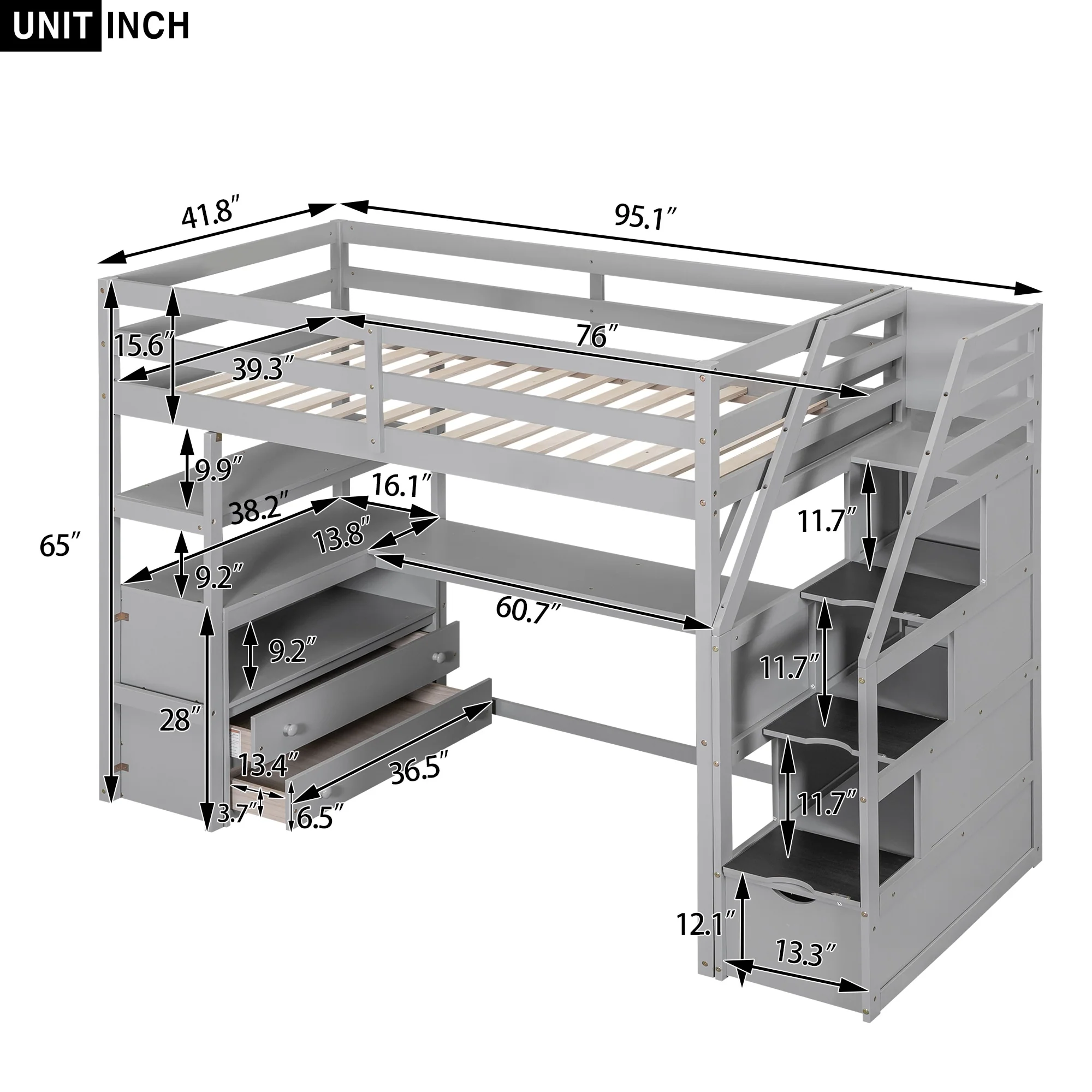 Twin Size Loft Bed with Desk and Shelves, Two Built-in Drawers