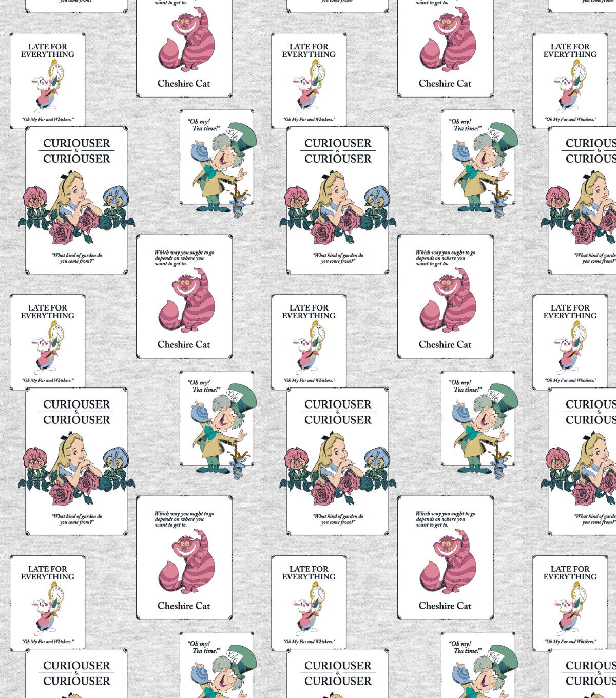 Disney Alice In Wonderland Classic Vintage Cards on Gray Cotton Fabric