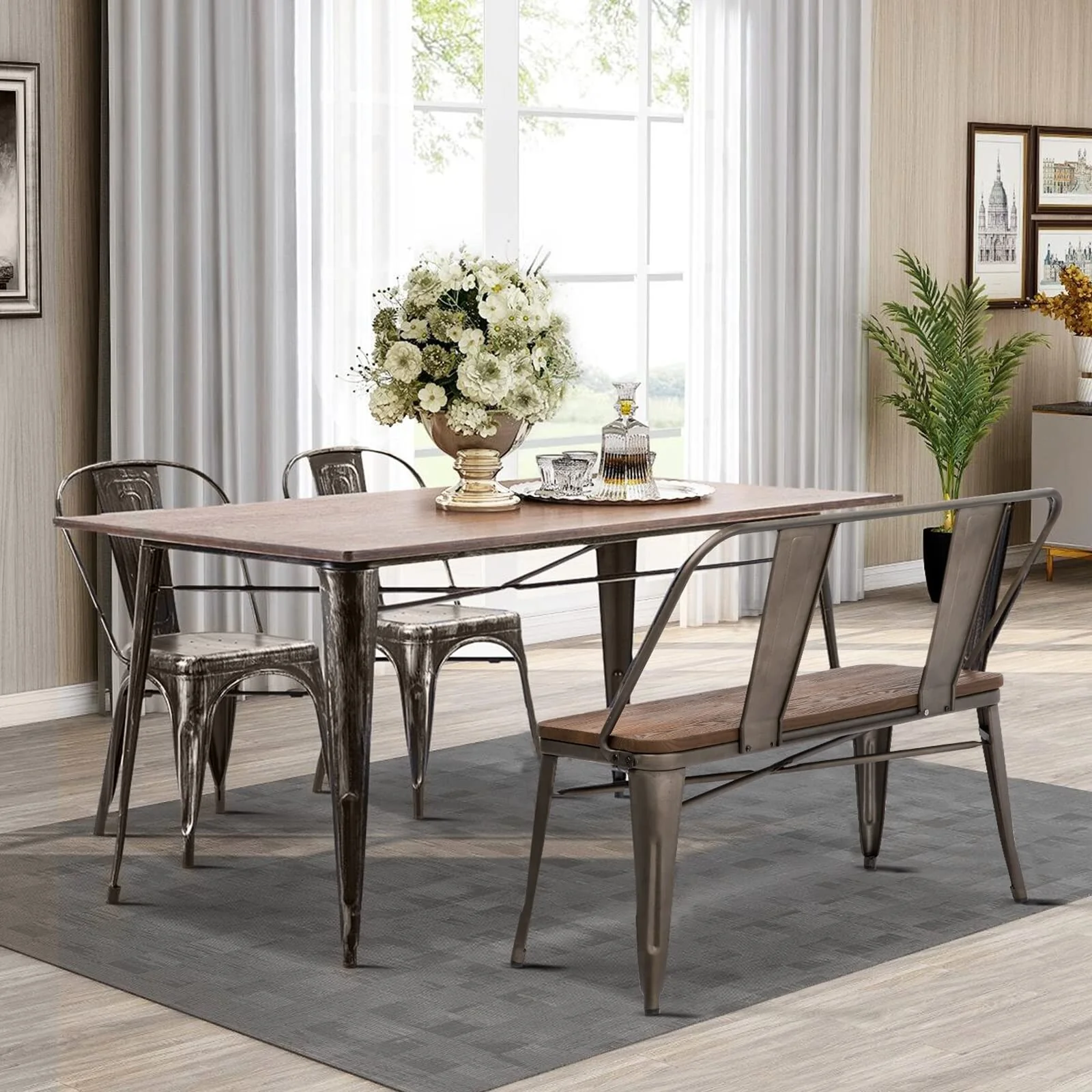 EROMMY 42in Metal Bench Industrial Mid-Century 3 Person Chair with Wood Seat, Dining Bench with Floor Protector - 42